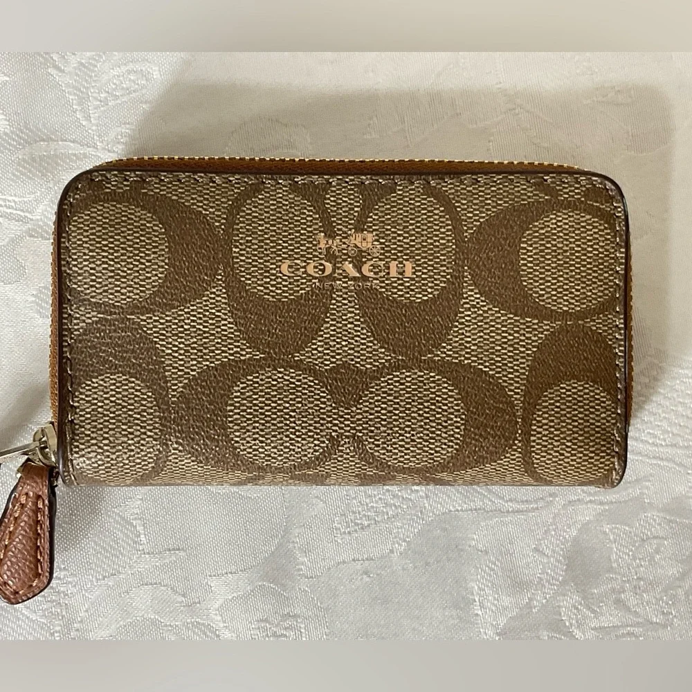 Coach Women's Khaki Signature Logo Canvas Small Two Zippered Zip Around Wallet - Picture 1 of 5